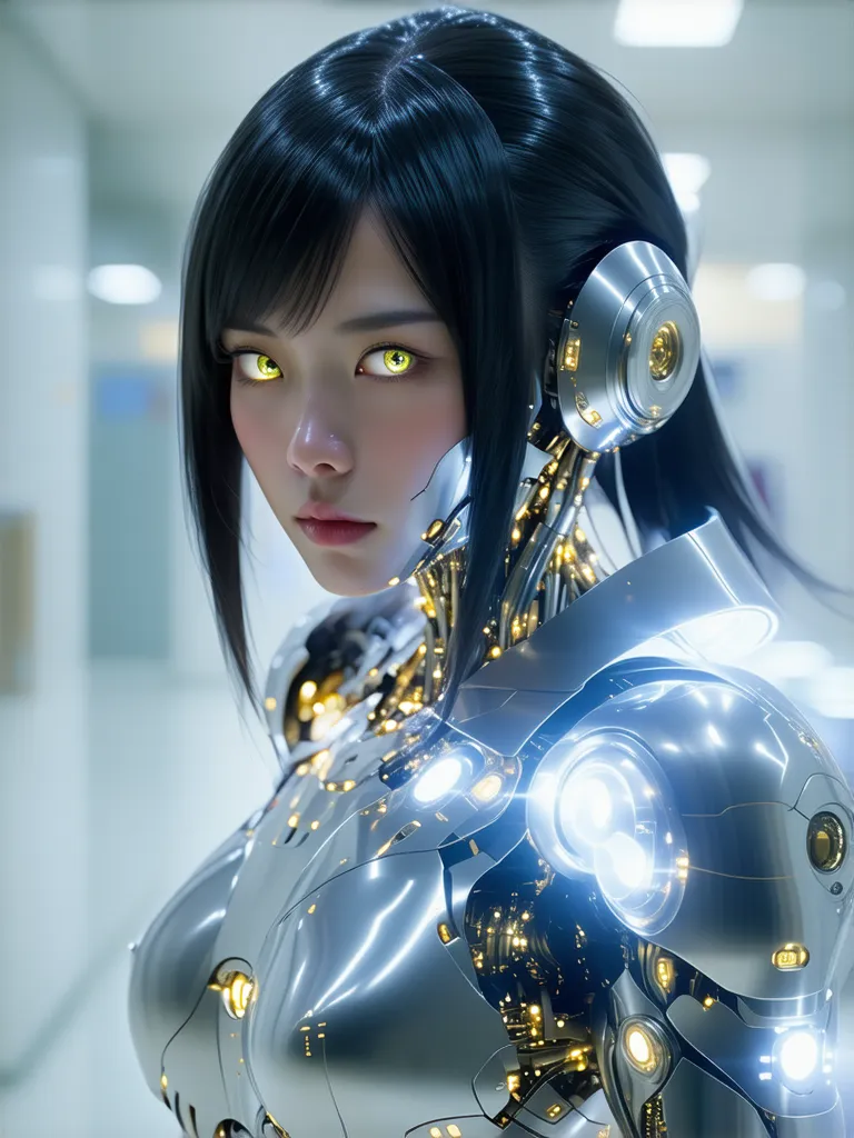 Japanese Cyborg girl, jade glowing eyes, beautiful face, big breasts, perfect breasts, perfect body, chrome body armor, Cyberpunk background, sexy, seductive, high detail, masterpiece.