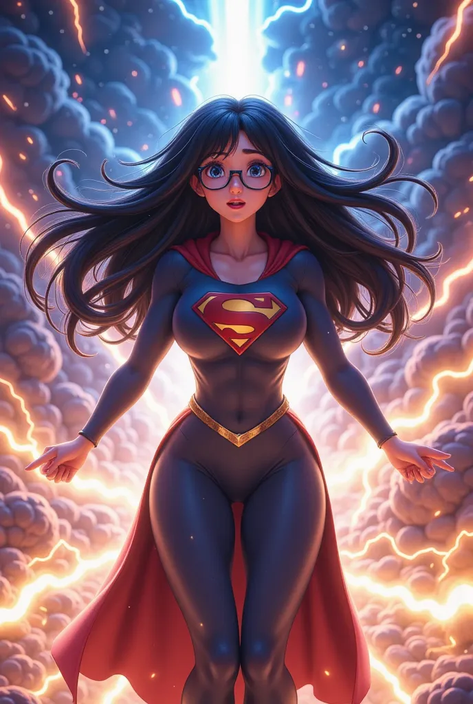 A 3D CARTOON JAPANESE WOMAN WITH BLACK HAIR, BLUE EYES AND NERD GLASSES GETTING BOMBARDED WITH SUPERMAN DNA AND BECOMES A VERSION OF SUPERMAN.