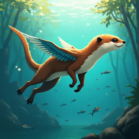 "Design a sleek and fast hybrid that merges the playful nature of an otter with the swift diving ability of a kingfisher. The creature should have a streamlined, water-resistant coat, webbed feet for swimming, and bright, iridescent feathers along its back...