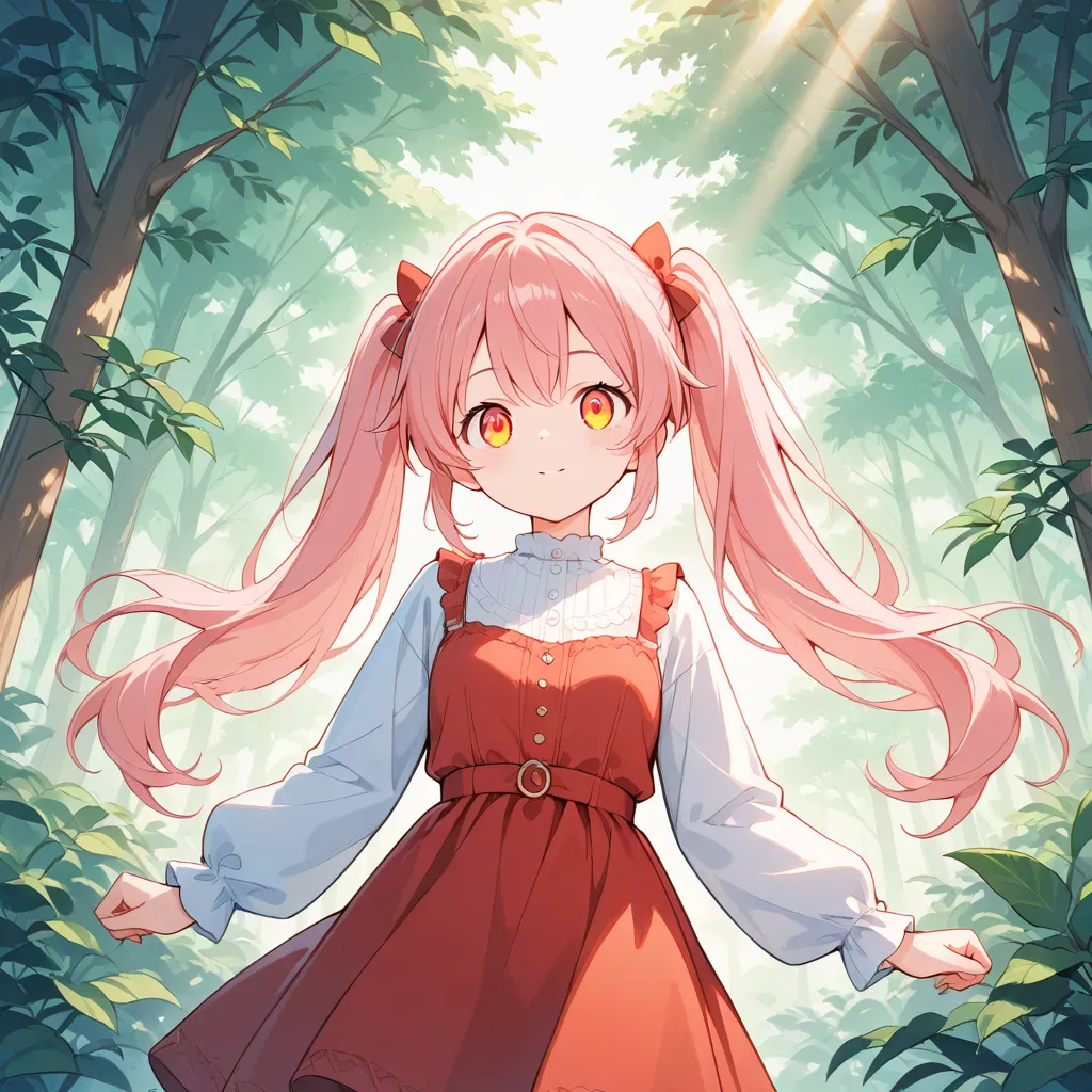 long pink hair，Tie double ponytails， Amber Apricot Eye，Cute  in Red Dress，Adventure in the forest of a fantasy world