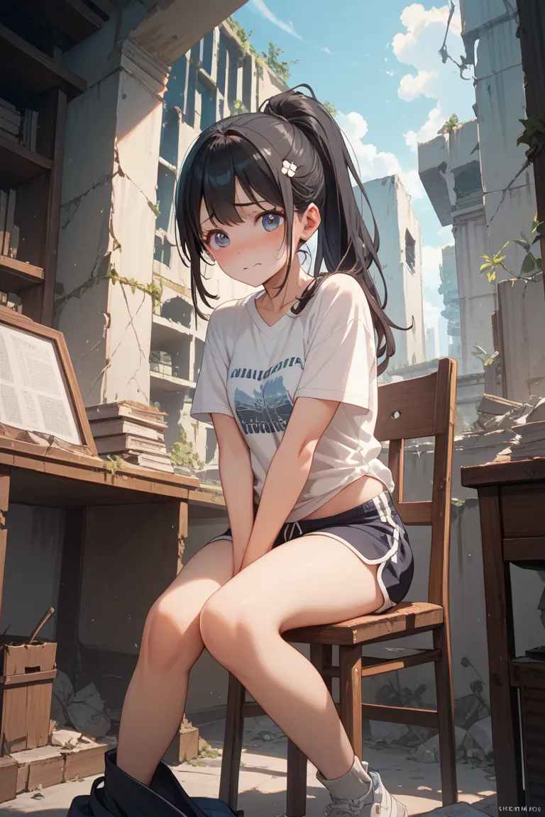 cute Japanese anime style with big eyes, one adult extremely fat body black-ponytail-haired sporty girl with loose t-shirt and shorts, belly and thighs out, extremely embarrassed blushing face, broken chair under her, sitting in ruins, university room, saf...