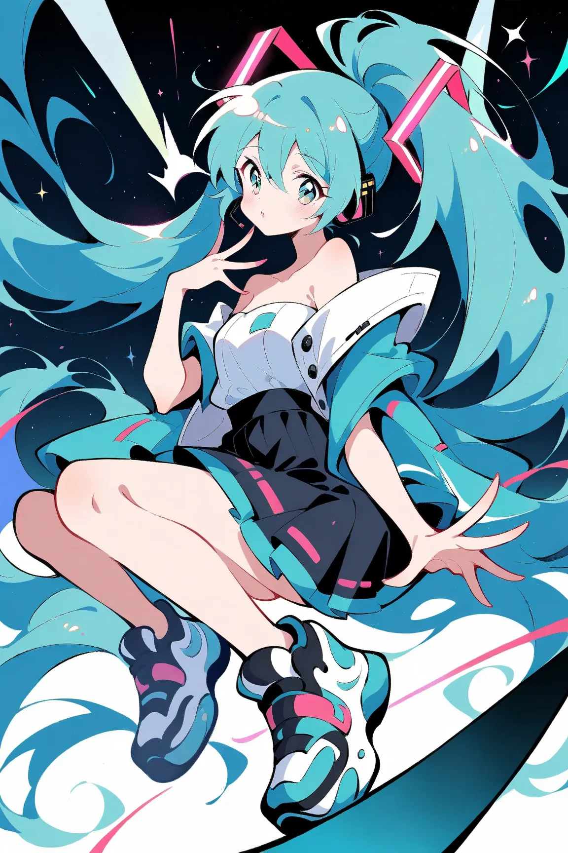 (has the best quality, sketch:1.2),practical, illustration designer  ,cunning，1 girl,   Hatsune Miku  ， delicate lips , hand， strapless， Neon long hair  ,  high ponytail green  ， skirt， Put your foot on the sound，sneakers。 masterpiece,  This style is very ...