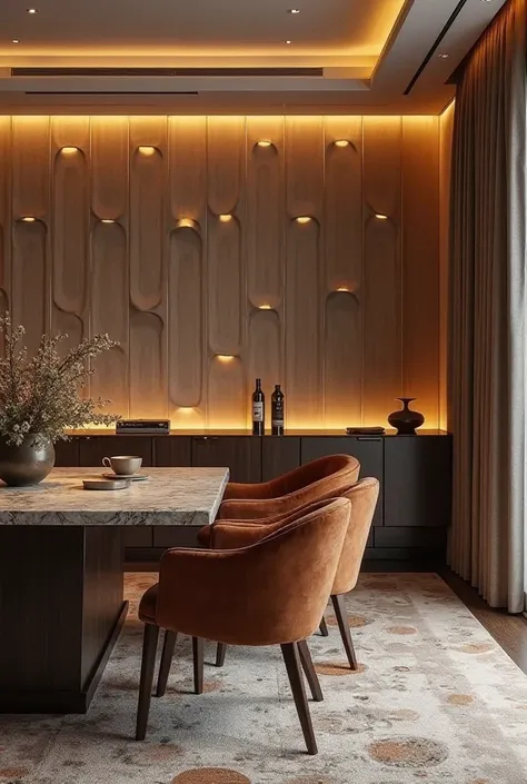 Modern dining room with warm layered lighting. Dark wood table with natural stone surface. Velvet chairs in earth tones. Background wall with illuminated 3D panels, generating a depth effect. Floor with carpet subtly printed to delimit the area. Elegant st...