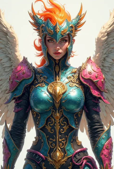 "A stylized warrior wearing bird-inspired armor, with semi-transparent wings and ornate details. The armor is composed of plates metallic in vibrant blue and pink, with black and green finishes. The helmet has an orange crest that recalls flaming feathers....