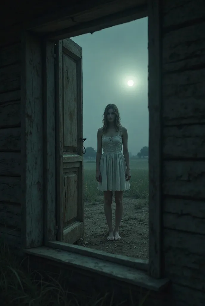 "A realistic nighttime scene in a remote village. An old wooden house with a weathered window frame, seen from inside a dimly lit room. Outside the window, under the pale moonlight, stands a woman wearing a slightly dirty white dress, her feet bare on the ...