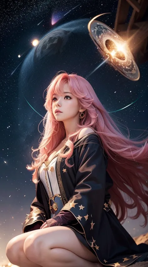 1 girl crouching、A peach-haired star magician named Maria Chiquinha、(Expansion:1.3)、( Comet :1.5)、looking up at the night sky with deep concentration、 long flowing robe 、Exquisitely designed star crest、Wand in Hand 、Magical aura of starlight surrounding he...