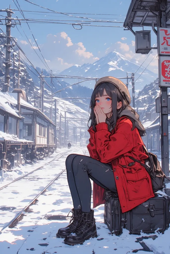 A young Asian woman, positioned slightly off-center to the left of the image, is seated on a dark-colored suitcase amidst a snowy landscape. She is wearing a vibrant red, classic-style coat with a faux fur hood, and tall black leather boots.  Her clothing ...