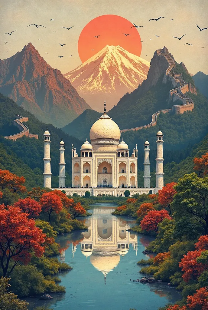 Collage about Great wall of china, mount fuji and taj mahal
