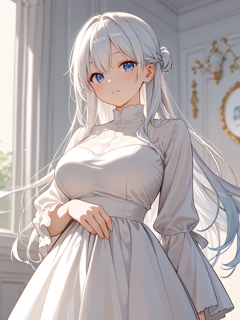 (masterpiece), an anime girl, aristocrat ;20 years ,long white hair, blue eyes, big breasts, long white dress with black details.black details on the dress 