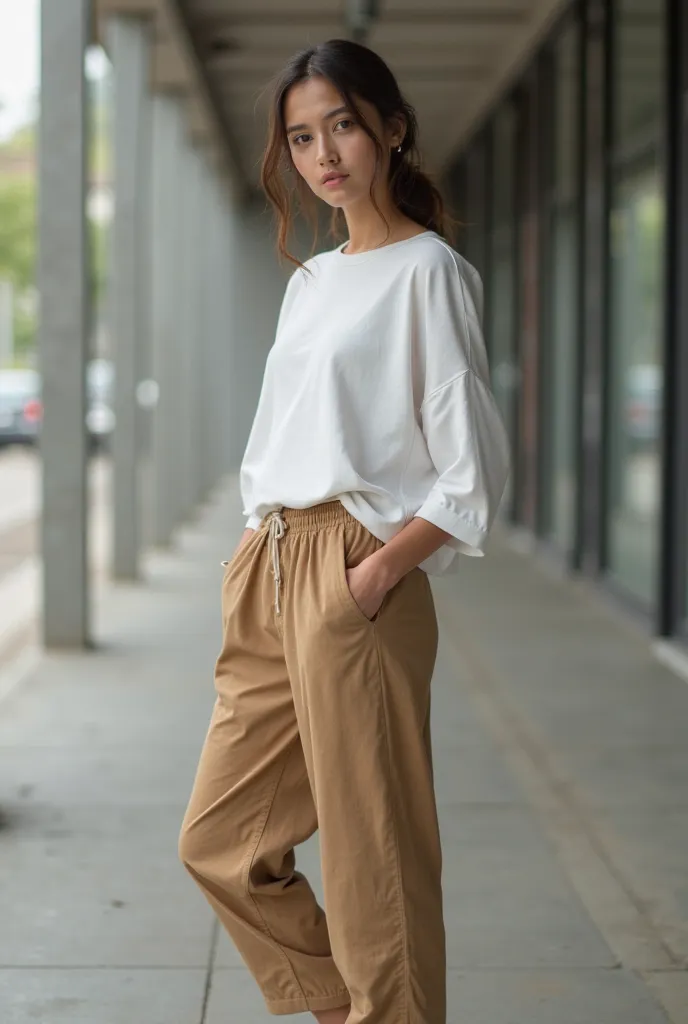 Realistic photo, Brazilian girl, hands in pockets, black sandal wearing light brown loose dress pants, black dress shoes low heels and a jersey 3/4 social White without pockets
