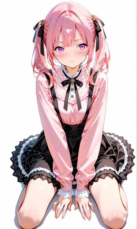 (watercolor:0.4), ( pastel :0.6),  1 girl,  Jet black with subtle pinkish highlights ,  Long twin tails tied with a ribbon ,  crouch in a relaxed position , Blushing cheeks ,  Tilt your head slightly at an angle ,  Pastel pink ruffled top and 、 Sophisticat...