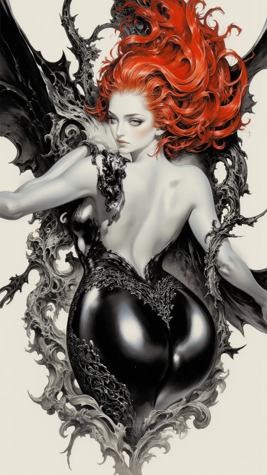 full body,  of a sexy woman  ，Red hair，Big butt，Big breasts，Drawn by Wayne Reynolds，Highly detailed style