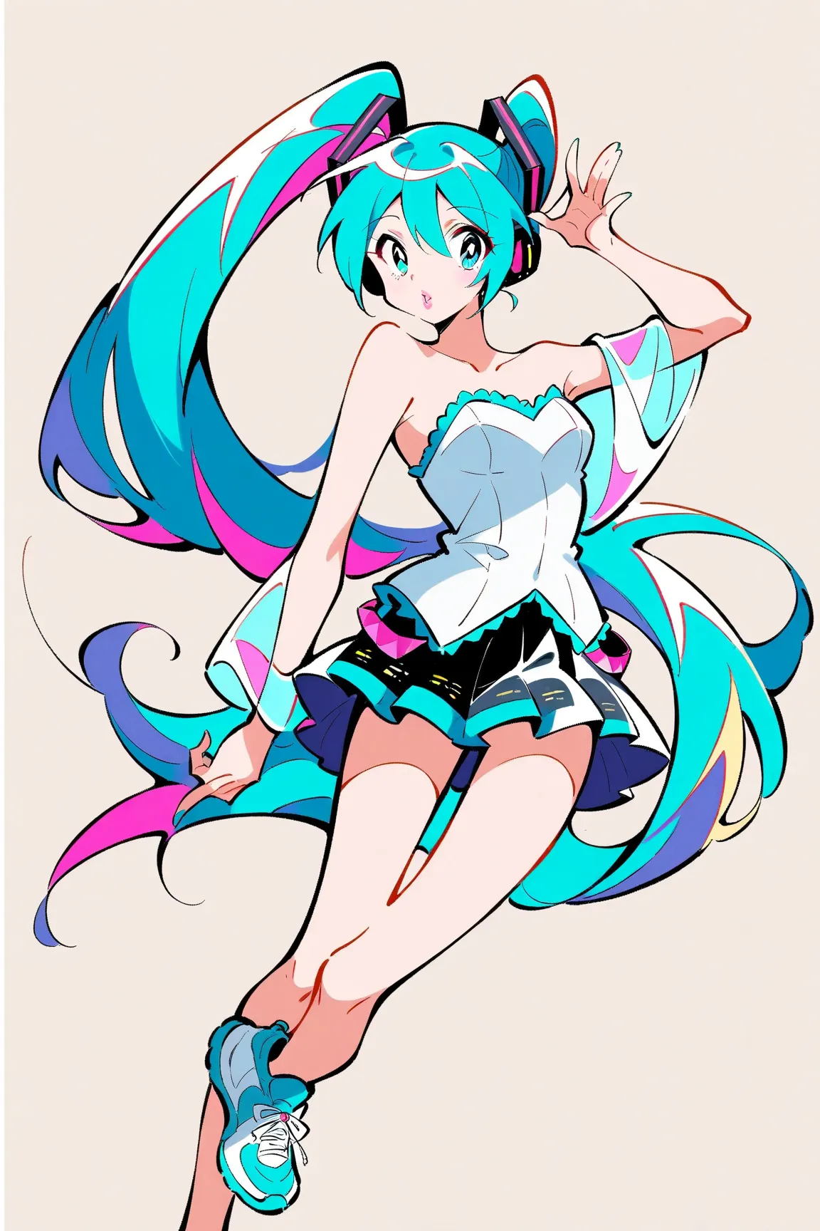 (has the best quality, sketch:1.2),practical, illustration designer  ,cunning，1 girl,   Hatsune Miku  ， delicate lips , hand， strapless， Neon long hair  ,  high ponytail green  ， skirt， Put your foot on the sound，sneakers。 masterpiece,  This style is very ...