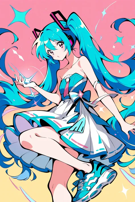 (has the best quality, sketch:1.2),practical, illustration designer  ,cunning，1 girl,   Hatsune Miku  ， delicate lips , hand， strapless， Neon long hair  ,  high ponytail green  ， skirt， Put your foot on the sound，sneakers。 masterpiece,  This style is very ...