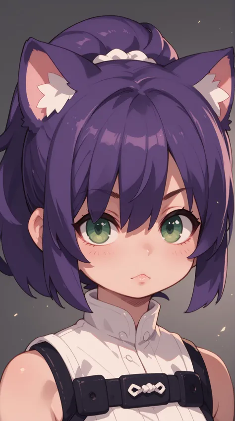 1人の女の子（とても幼い）、full body、,purple hair,okappa,front ponytail,hair over one eye,green eyes, dilated pupils,warrior, despair,cat ears