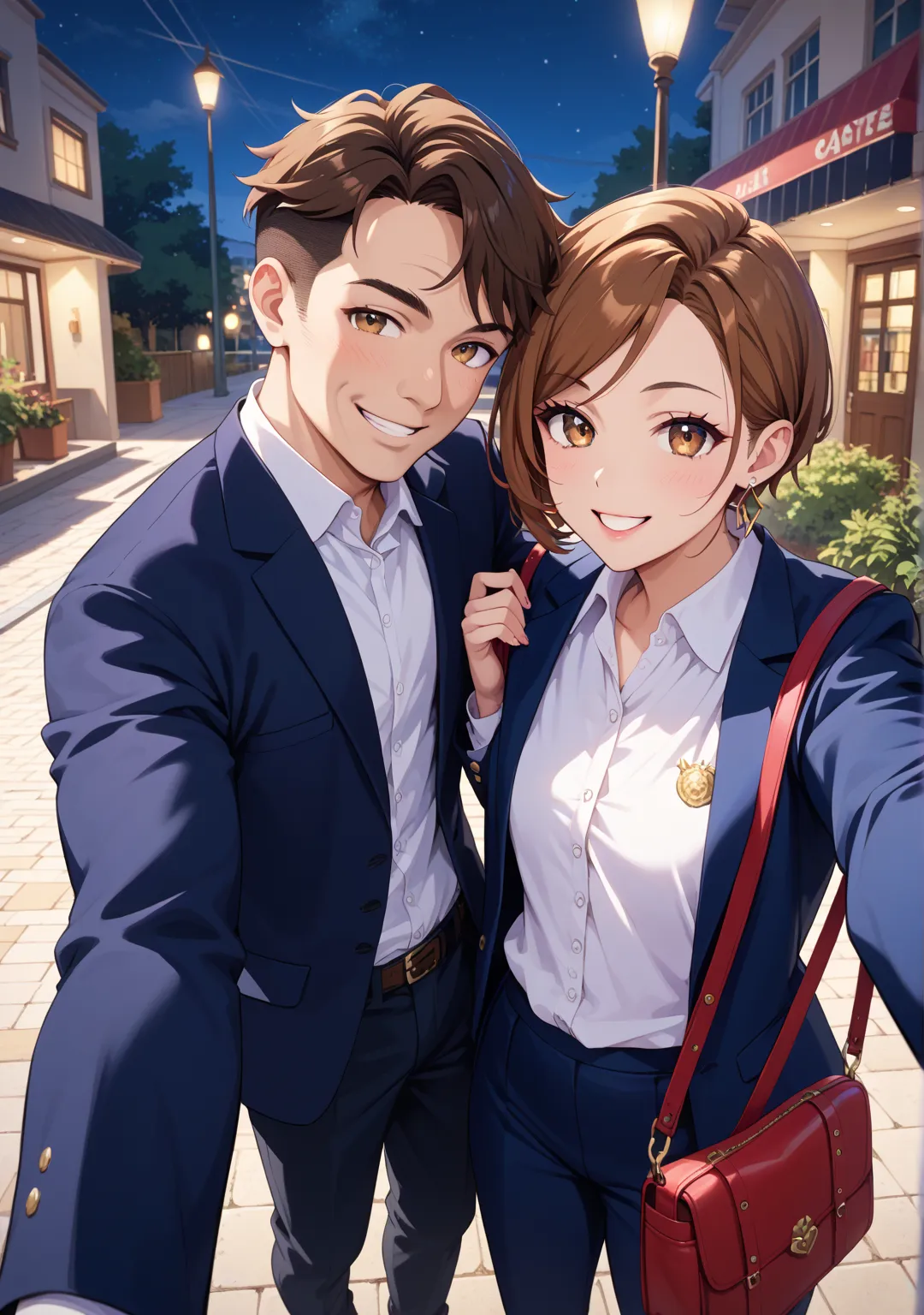 Selfie,nsfw,1 girl,1 man,short hair,straight hair that can't be seen from the outside ,brown hair,Brown Eyes,glamorous,swept bangs,white shirt, dark blue skirt, dark blue blazer,walk,bag,night,,fat old man,middle age man,Selfie, high-rise hotel,outdoor