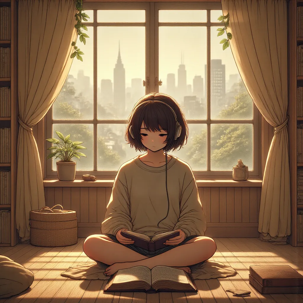 Girl wearing headphone studying bible in her room, sit beside window with city skylight, Lofi Style