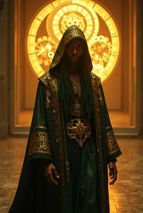 A mystical hooded figure pose dynamically clad in an ornate, flowing robe adorned with intricate gold patterns stands in a grand cathedral-like hall. The figure is a Jamaican man has deep cinnamon brown skin, dewy highlighted skin, short moss-green dreads,...