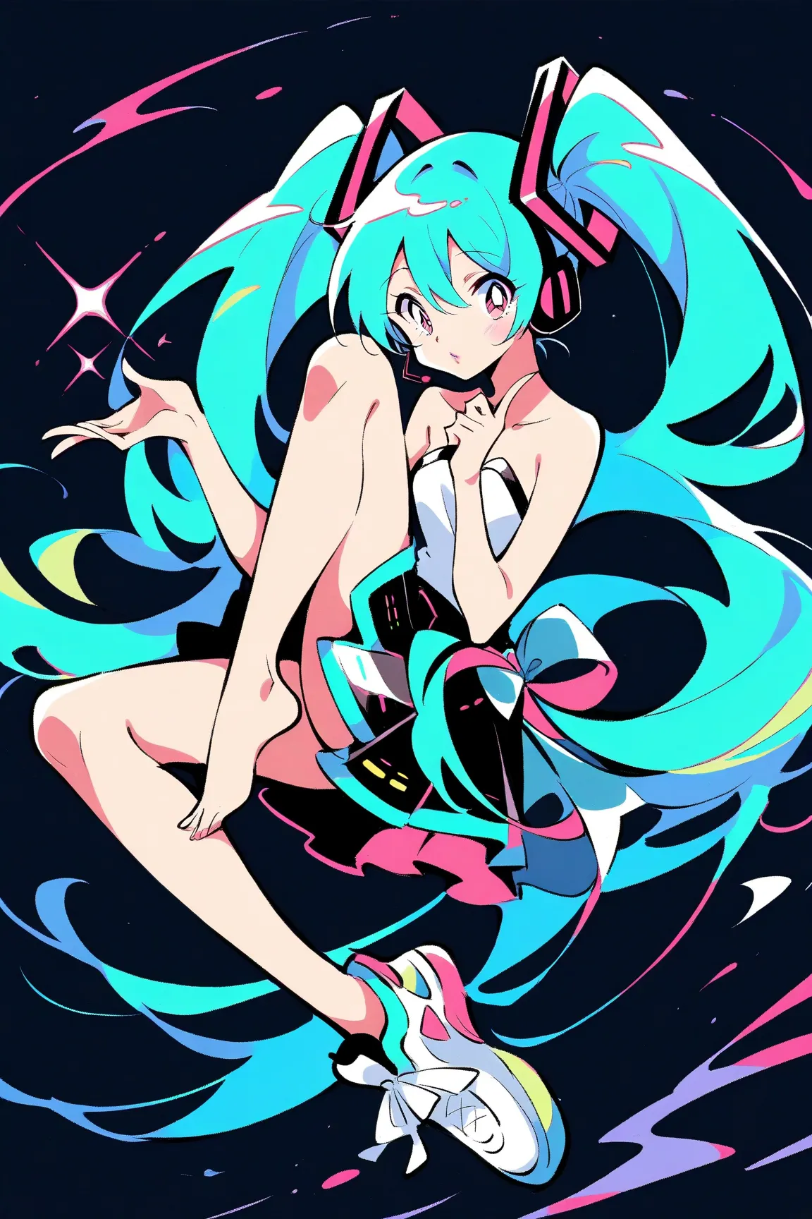 (has the best quality, sketch:1.2),practical, illustration designer  ,cunning，1 girl,   Hatsune Miku  ， delicate lips , hand， strapless， Neon long hair  ,  high ponytail green  ， skirt， Put your foot on the sound，sneakers。 masterpiece,  This style is very ...