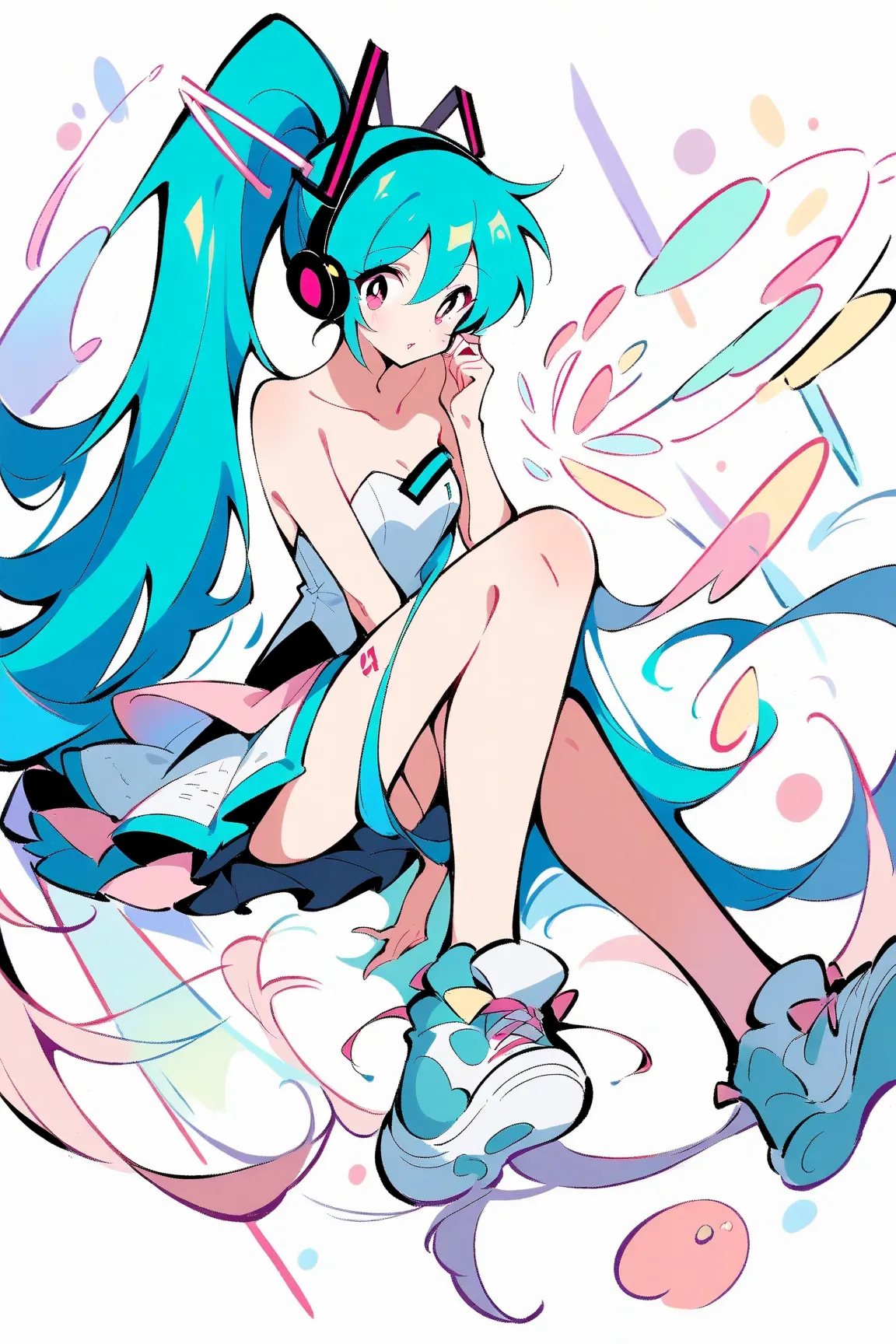 (has the best quality, sketch:1.2),practical, illustration designer  ,cunning，1 girl,   Hatsune Miku  ， delicate lips , hand， strapless， Neon long hair  ,  high ponytail green  ， skirt， Put your foot on the sound，sneakers。 masterpiece,  This style is very ...