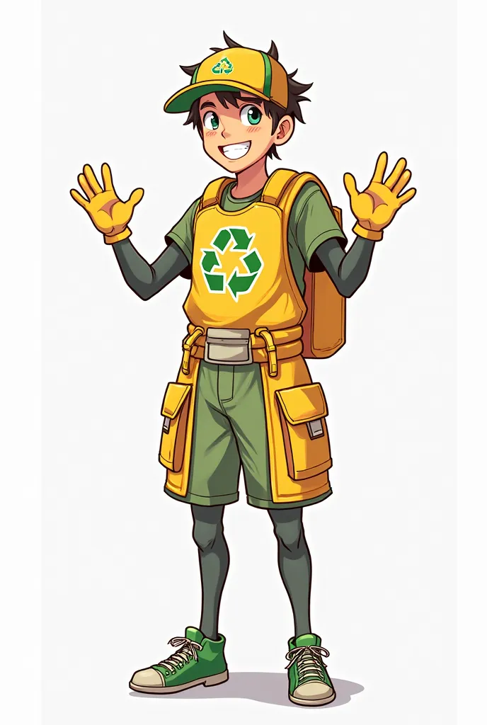 Generate a drawing of a human recycle man with great smile. full body drawing for visual novel game type. And background should be white
