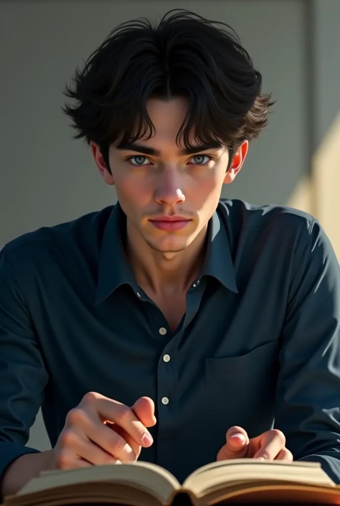 A man with half-long hair. He has blue eyes . He is wearing a navy blue shirt and he is holding a book in his hands