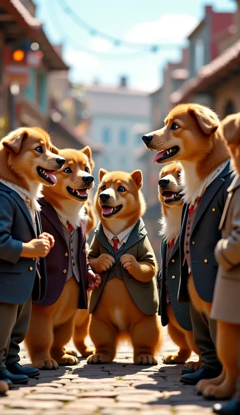 "A group of well-dressed, rich dogs standing in a circle, pointing and laughing at Tommy. They have shiny coats and fancy accessories, while Tommy looks down, feeling ashamed. The scene is set in a market street with small houses in the background."