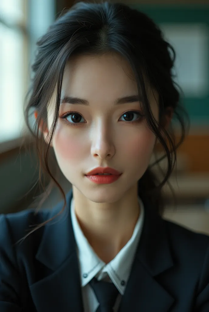 Young beautiful woman, Chinese face, long neck, Adam's apple, classroom, school uniform