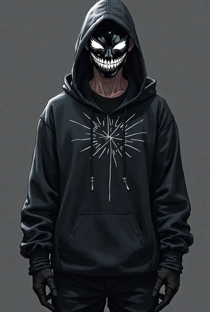 anime, Man wearing a black mask with shiny white lenses with a diabolical smile,  with black hoodie, black sweatshirt with white ray details printed on the sweatshirt,black gloves,  black pants,Scenario: cyberpunk
