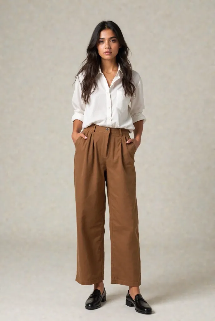 Realistic photo, Brazilian girl, hands in pockets, wearing wide brown dress pants, black low heel shoes and a shirt 3/4 social White without pockets
