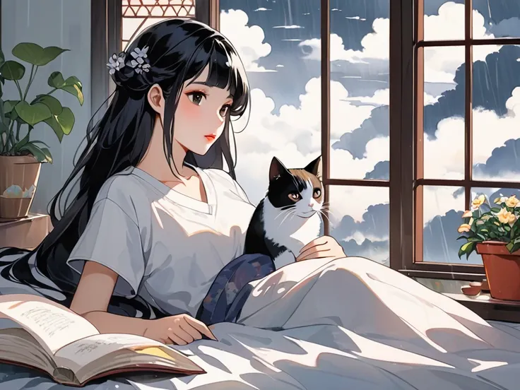  The combination of ink and watercolor painting、woman with beautiful oriental face、dark hair long drop shadow 、has black eyes, cloudy rainy sky, best quality、Masterpiece、bedroom, tai nghe, window, lofi, flowerpot, cat, lying on the bed, reading,