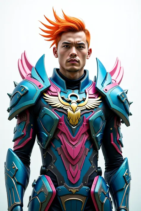 Ultra realistic cinematic 8k full body 9 x 16,"a male warrior "stylized wearing bird-inspired armor, with semi-transparent wings and ornate details. The armor is composed of plates metallic in vibrant blue and pink, with black and green finishes. The helme...