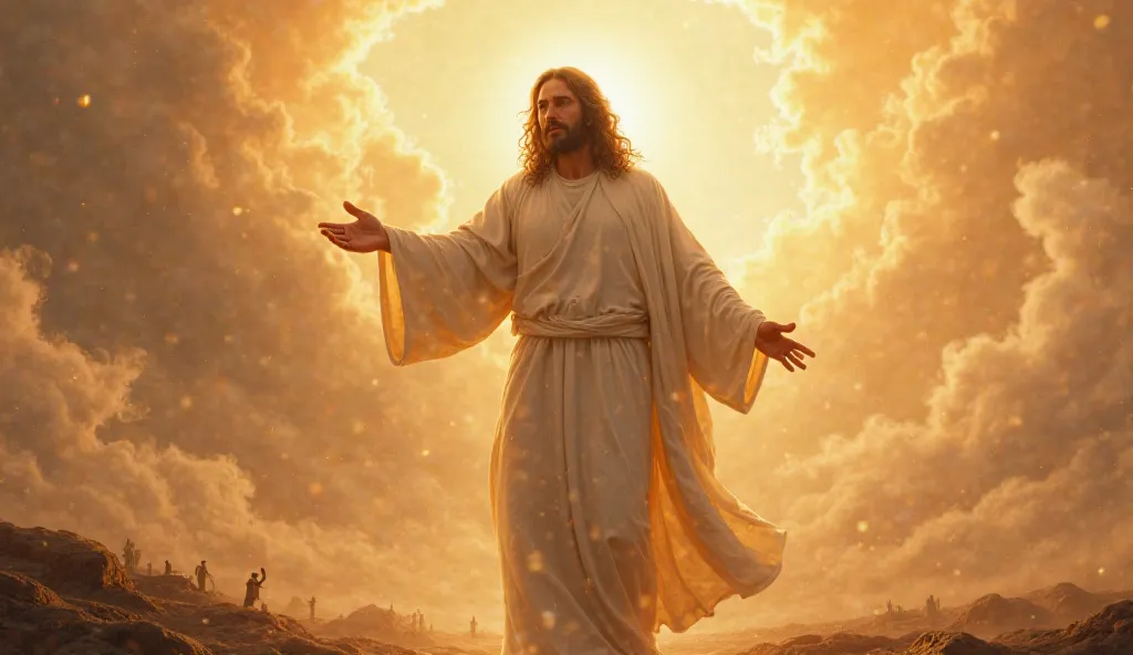 Jesus inviting us under a strong wind - the wind blows his hair and clothes - golden light - panoramic camera - ultra realistic - 8k