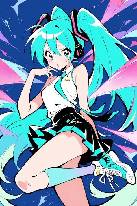 (has the best quality, sketch:1.2),practical, illustration designer  ,cunning，1 girl,   Hatsune Miku  ， delicate lips , hand， strapless， Neon long hair  , High ponytail - fluorescent green ， skirt， Put your foot on the sound，sneakers。 masterpiece,  This st...