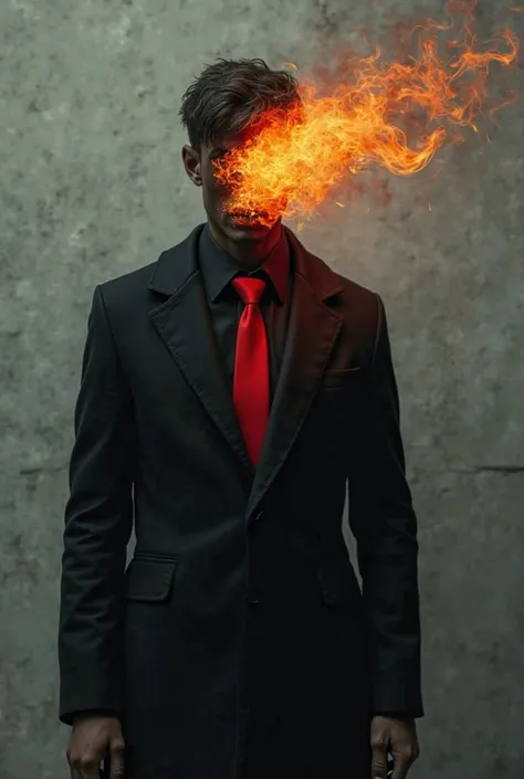 Background gray wall,wear a black coat , red tie,in the face there will be fire and no human face
