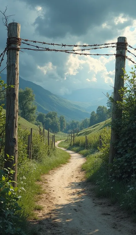 a natural landscape, dirt road, a barbed wire and wooden fence, dense vegetation. blue sky and heavy clouds.