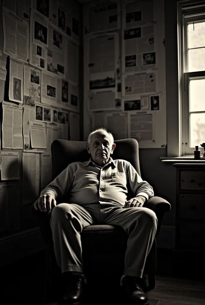 A lone survivor of the Montauk experiments, now an older man with haunted eyes, sitting in a dark room filled with old newspapers and conspiracy documents. His walls are covered in photographs, string connections, and cryptic notes about time travel, mind ...