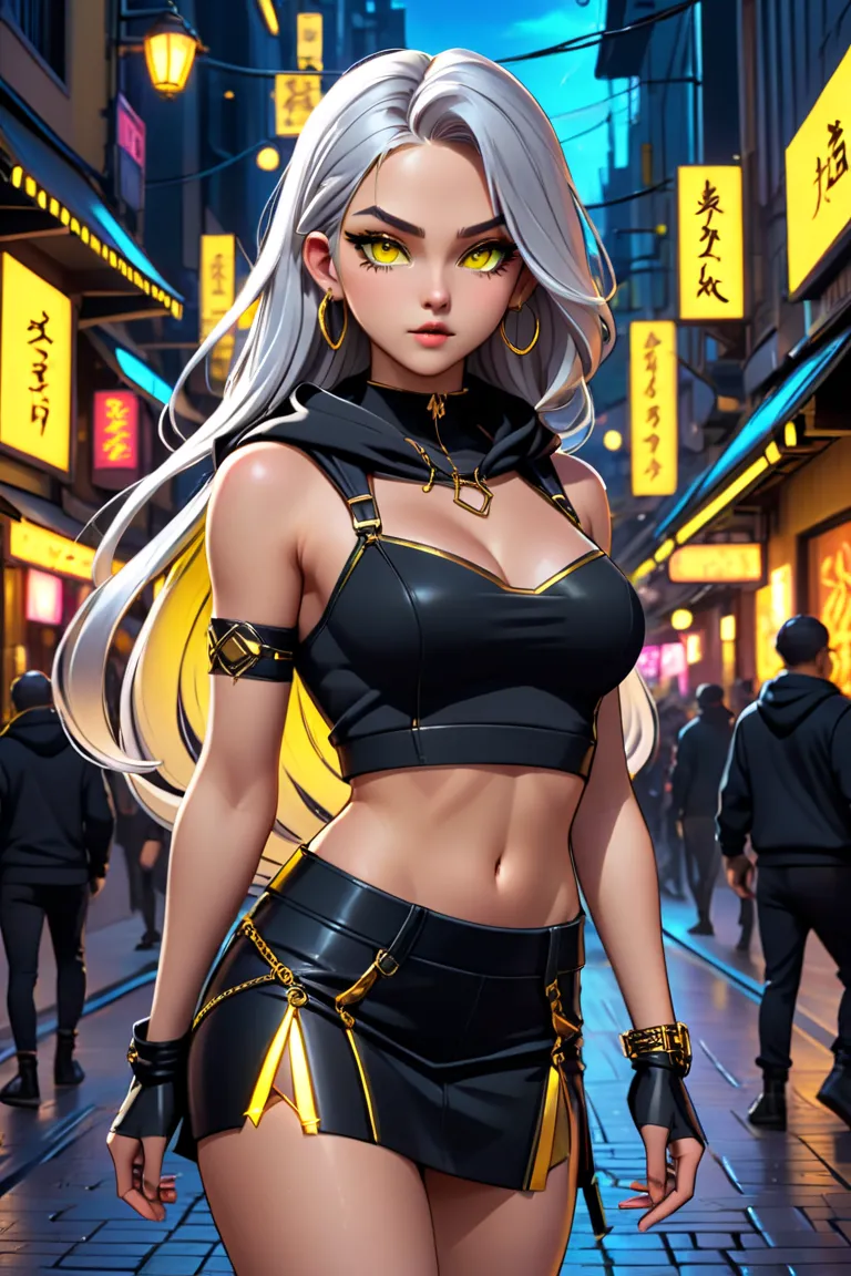 4K anime style quality, digital drawing mode, a sultry and confident Stand user with long  silver hair, sharp yellow eyes, wearing a tight black crop top with golden accessories, a hood, a black skirt with golden patterns, standing in a busy street, with n...