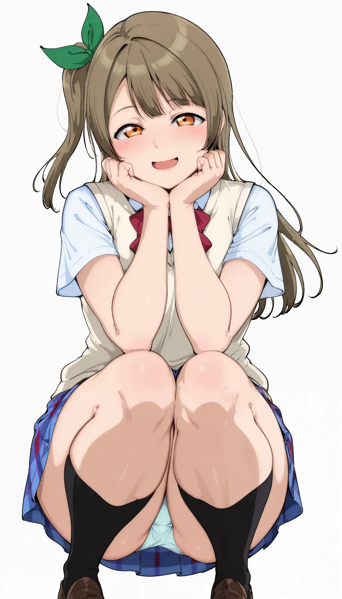 masterpiece,best quality,newest,1girl,solo,Alp,

lovelive_kotori,
sweater vest, short sleeves, blue plaid skirt, red bowtie, breasts, grayish brown hair, green hair bow, bangs, one side up, long hair, amber eyes,black socks, loafers,

white_background,simp...