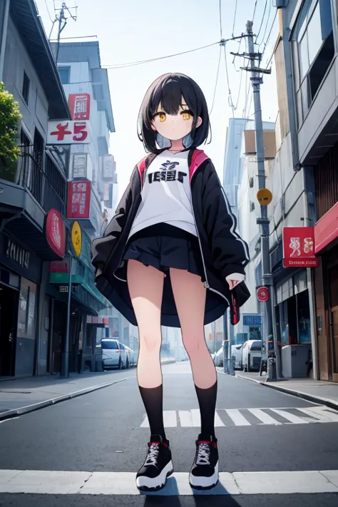  High Resolution,  boyish,   1 girl,  black hair, Sporty shortcuts,  Asymmetric Hairstyles ,  Asymmetrical bangs,   yellow eyes,  There are three circles in the middle of the eye,  Skater Style Street Fashion, slightly oversized bottoms, is standing, futan...