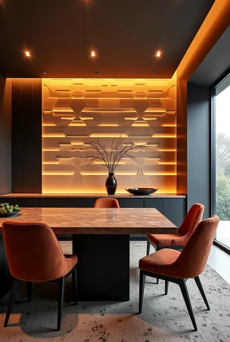 Modern dining room with warm layered lighting. Dark wood table with natural stone surface. Velvet chairs in earth tones. Background wall with illuminated 3D panels, generating a depth effect. Floor with carpet subtly printed to delimit the area. Elegant st...