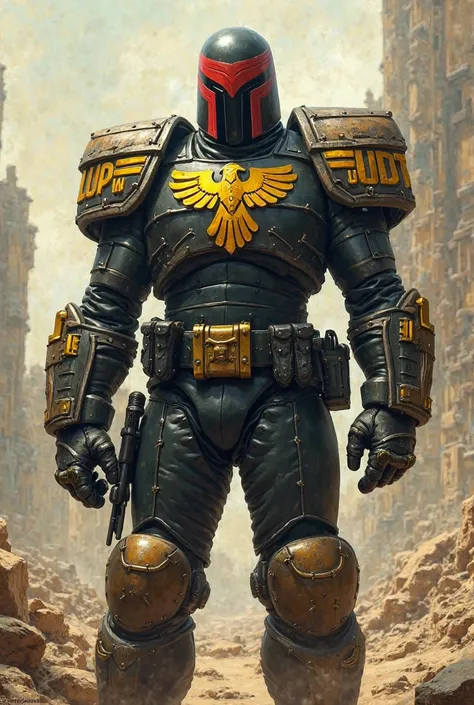 Judge Dredd in the uniform of judges in the wasteland with his gun