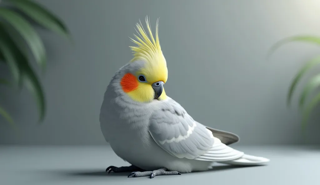 Create a cockatiel with its head down, with eyes closed, gray environment,Ultra-realistic image, 3d, vibrant and cheerful colors
