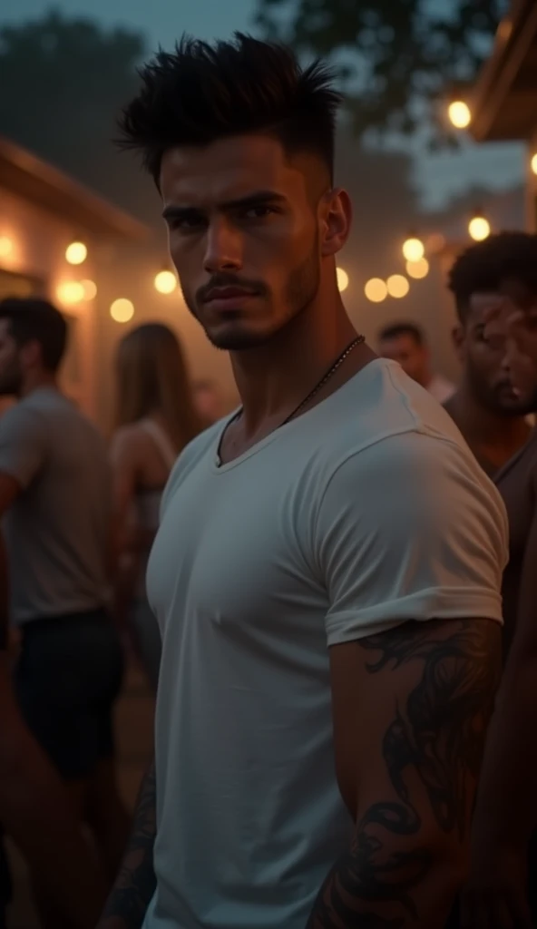 A highly detailed and cinematic digital portrait of a young man with sharp features, tousled dark hair, and a confident expression, standing at an outdoor night party. He wears a fitted white t-shirt that accentuates his athletic physique, and his muscular...