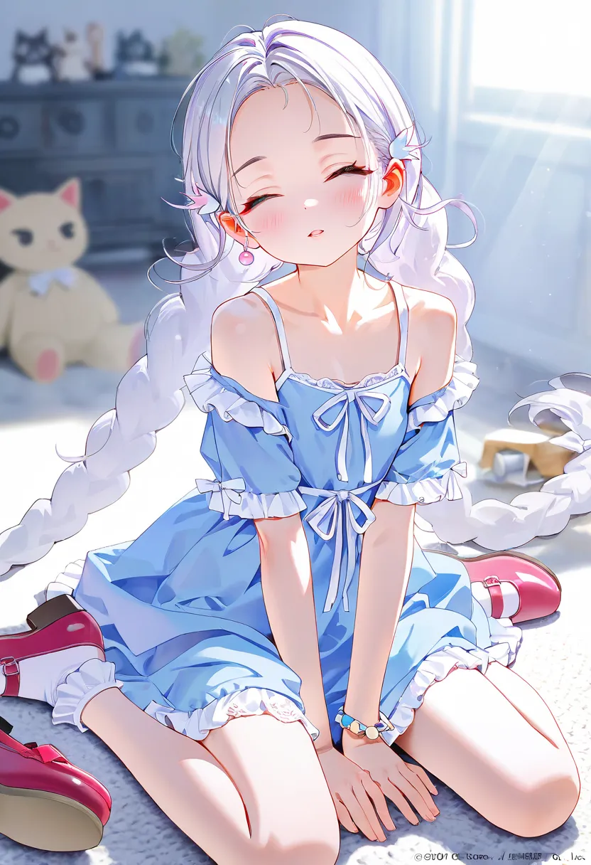 masterpiece,best quality,high quality,loli,chromatic_aberration,Light Blue Theme, //, 1girl, long hair, White hair, closed eyes, solo, sitting, white background, very long hair,,Lace patterned socks, shoes removed,Milk, dress,shoes, blush, wariza, socks, s...