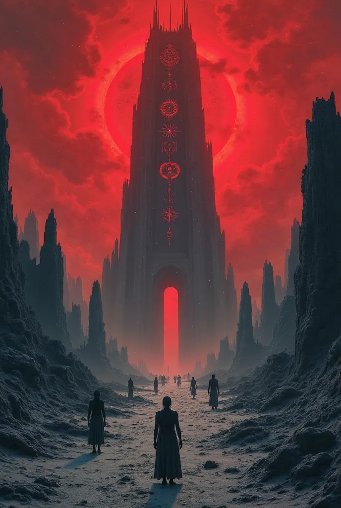 A nightmarish vision of an alternate dimension: a cold, empty landscape with a deep red sky, where distorted human-like figures wander aimlessly. A massive tower looms in the distance, covered in strange glowing symbols. This is the realm that the Montauk ...