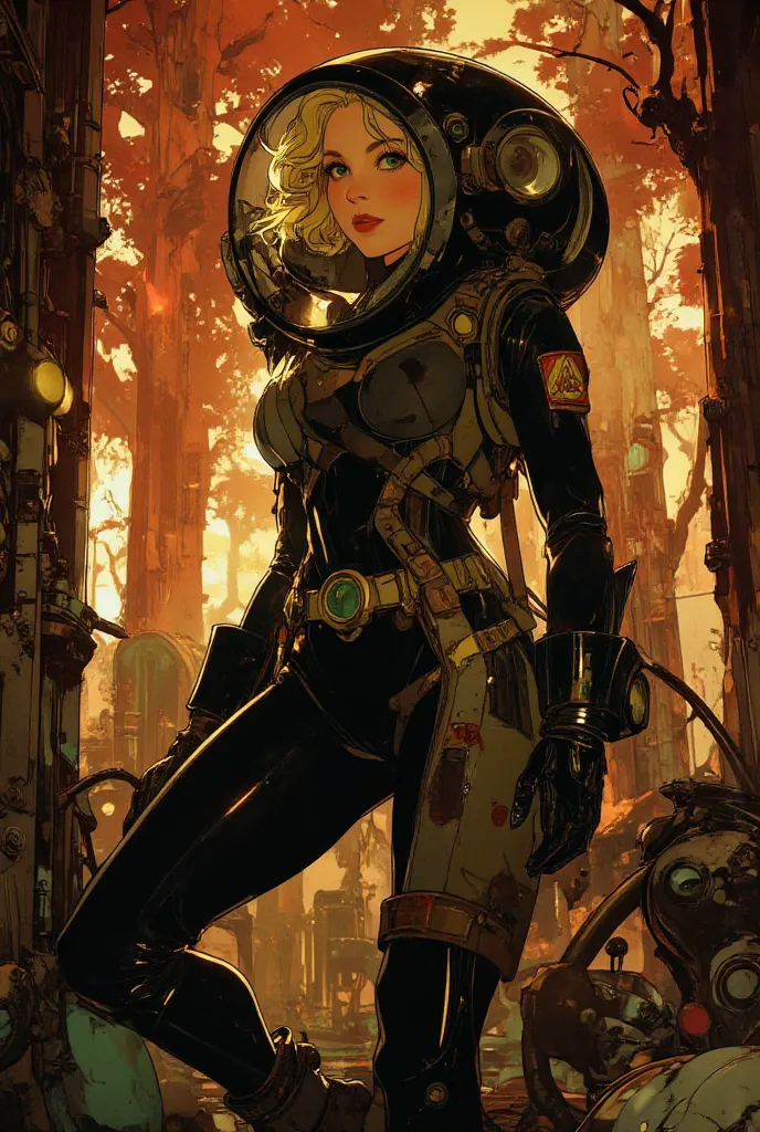 voluptous Ellen Ripley in Frazetta style black imperial 1890s space suit, blonde hair, green eyes, background martian landscape filled with red scale-armour skin trees