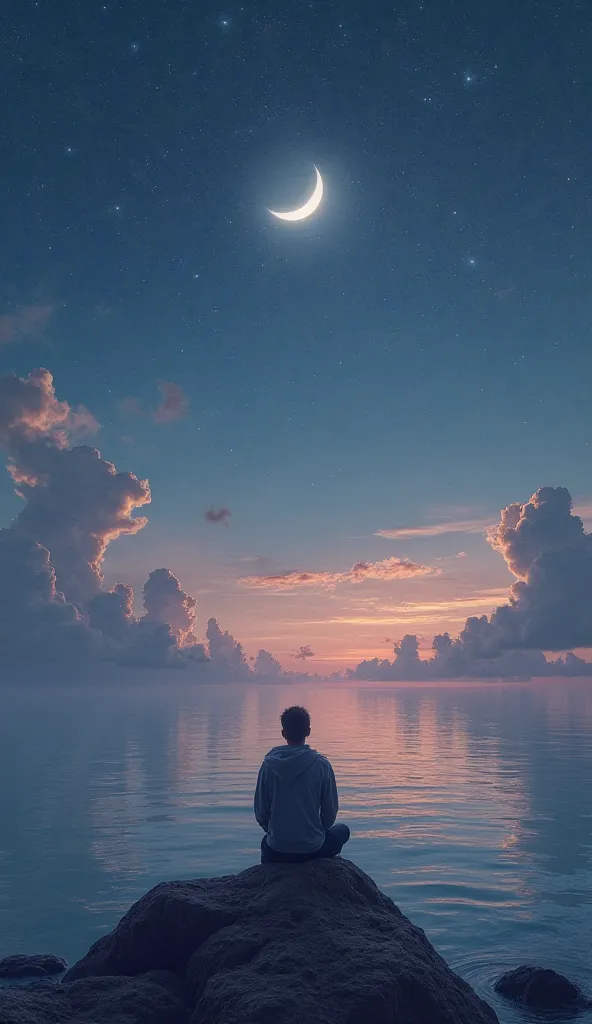 A lone figure sits peacefully on a weathered rock, gazing at the vast expanse of the night sky. Above, a crescent moon glows softly, casting its silver light upon the tranquil landscape. Wisps of delicate clouds drift across the sky, painted in ethereal hu...