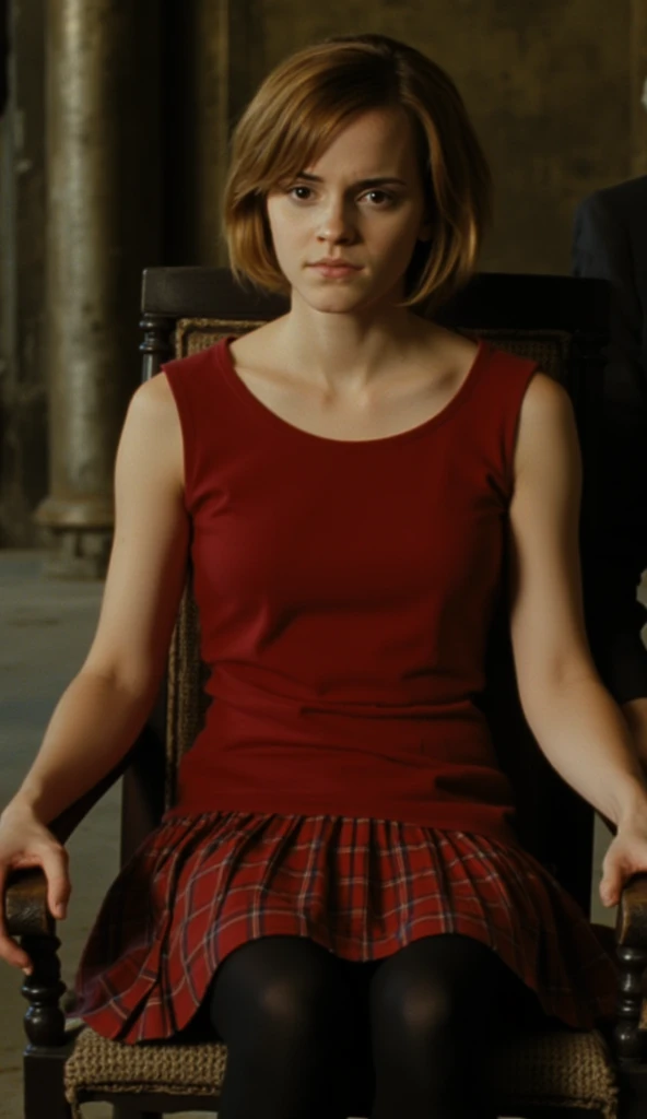 Head to toe picture of Hermion grenger.short hair.realistic.A fitted sleeveless light red dress with a high round neckline that sits close to the neck.red plaid pleated mini skirt.the dress should be tucked into the skirt.black pantyhose.sat on chair in ha...