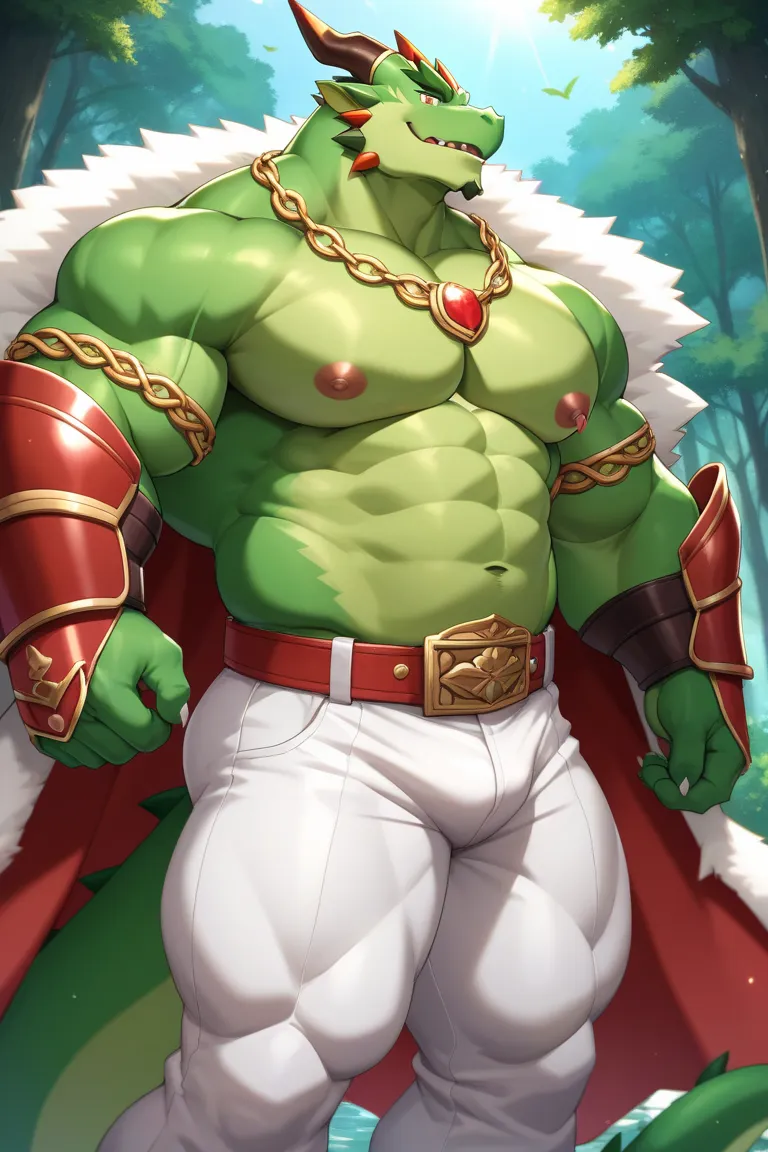 Mature male, anthro, bara, musclegut:0.2, tall, (small waist), (biceps, thic arms), (thick jaw), (broad chin), (kemono), (green dragon), green skin, fur-trimmed coat, gauntlets, pauldron, pants, forest, male focus, solo 